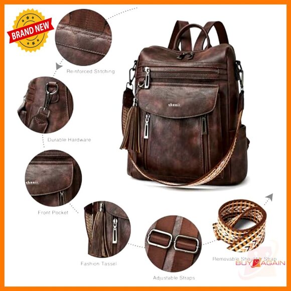 Faux Leather Convertible Backpack Purse with Wristlet for Work Travel College main image 5